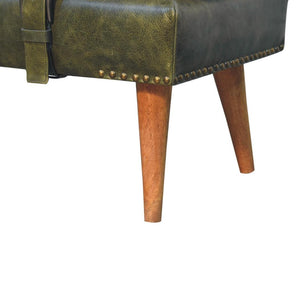 Bouclé & Olive Green Buffalo Hide Leather Bench | Upholstered Accent Seating