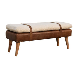 Bouclé Buffalo Hide Leather Bench | Mixed Upholstery | Statement Accent Seating