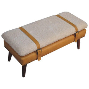 Bouclé x Tan Leather Bench | Solid Mango Wood | Upholstered Entryway & Bedroom Bench