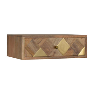 Brass Inlay Wall-Mounted Bedside Table | Solid Mango Wood | Compact Storage