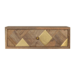 Brass Inlay Wall-Mounted Bedside Table | Solid Mango Wood | Compact Storage