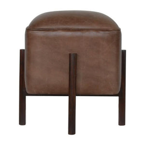 Brown Leather Footstool | Solid Leather | Solid Mango Wood Legs | Compact Accent Seating