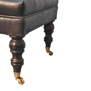Buffalo Ash Black Leather Ottoman | Solid Mango Wood | Deep Buttoned Footstool with Castor Legs