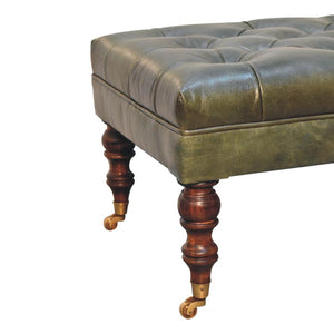 Buffalo Green Leather Ottoman with Castor Legs | Castor Leg Design
