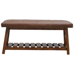 Buffalo Hide Hallway Bench | Solid Mango Wood | Leather Seat | Lower Shoe Shelf