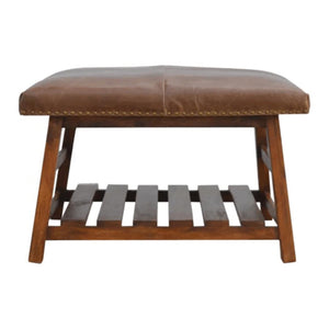 Buffalo Hide Square Footstool | Leather Upholstery | Compact Accent Stool