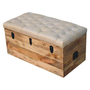 Buffalo Leather Storage Trunk | Beige Hide | Upholstered Blanket Box