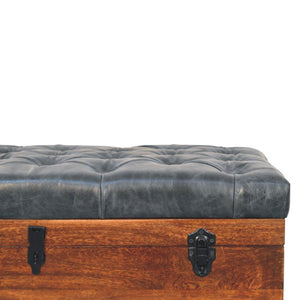 Buffalo Leather Storage Trunk | Black Hide | Upholstered Blanket Box