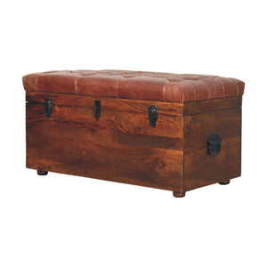 Buffalo Leather Storage Trunk | Brown Hide | Solid Wood Frame