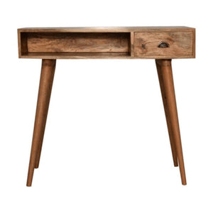 Cable-Ready Writing Desk | Solid Mango Wood | Oak Finish | Drawer & Open Shelf