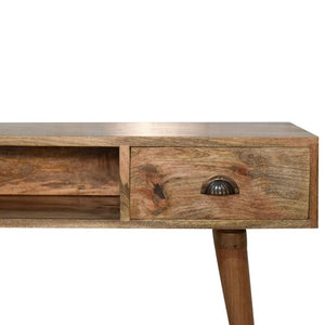 Cable-Ready Writing Desk | Solid Mango Wood | Oak Finish | Drawer & Open Shelf