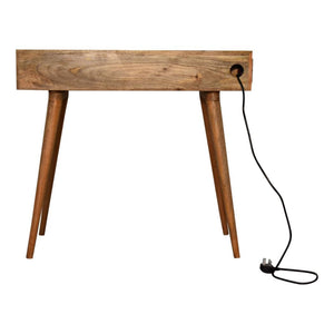 Cable-Ready Writing Desk | Solid Mango Wood | Oak Finish | Drawer & Open Shelf