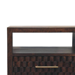 Cadiz Carved Bedside Table | Solid Mango Wood | Velvet Mocha Finish | 2 Drawer Nightstand with Open Shelf