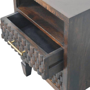 Cadiz Carved Bedside Table | Solid Mango Wood | Velvet Mocha Finish | 2 Drawer Nightstand with Open Shelf