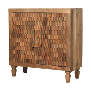 Cadiz Carved Block Cabinet | Solid Mango Wood | Golden Teak Finish | 2 Door Storage Cabinet