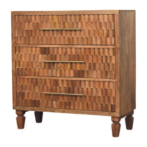 Cadiz Carved Chest of Drawers | Solid Mango Wood | Golden Teak Finish | 3 Drawer Storage Dresser