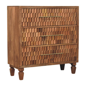 Cadiz Carved Chest of Drawers | Solid Mango Wood | Golden Teak Finish | 3 Drawer Storage Dresser