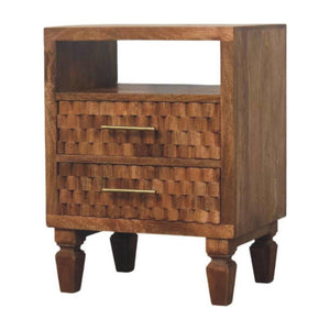 Cadiz Carved Open Shelf Bedside Table | Solid Mango Wood | Golden Teak Finish | 2 Drawer Nightstand
