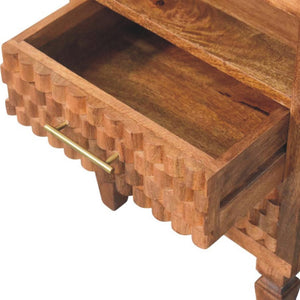 Cadiz Carved Open Shelf Bedside Table | Solid Mango Wood | Golden Teak Finish | 2 Drawer Nightstand