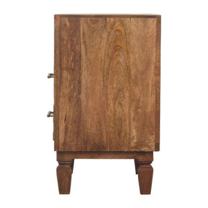 Cadiz Carved Open Shelf Bedside Table | Solid Mango Wood | Golden Teak Finish | 2 Drawer Nightstand