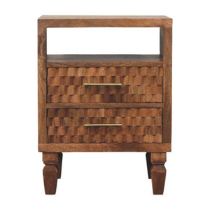 Cadiz Carved Open Shelf Bedside Table | Solid Mango Wood | Golden Teak Finish | 2 Drawer Nightstand