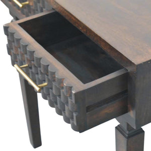 Cadiz Carved Slim Console Table | Solid Mango Wood | Velvet Mocha Finish | 2 Drawer Hallway Console