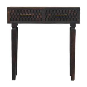 Cadiz Carved Slim Console Table | Solid Mango Wood | Velvet Mocha Finish | 2 Drawer Hallway Console
