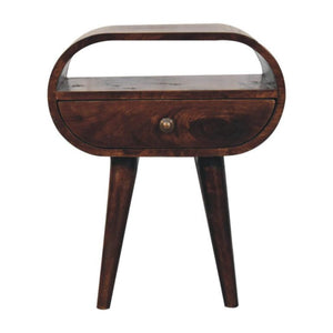 California Walnut Oval Bedside Table | Solid Mango Wood | California Walnut Finish | 1 Drawer with Open Shelf