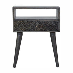 Carved Drawer Bedside Table | Solid Mango Wood | Ash Black Finish | Compact Storage