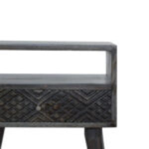 Carved Drawer Bedside Table | Solid Mango Wood | Ash Black Finish | Compact Storage
