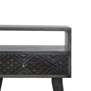 Carved Drawer Bedside Table | Solid Mango Wood | Ash Black Finish | Compact Storage