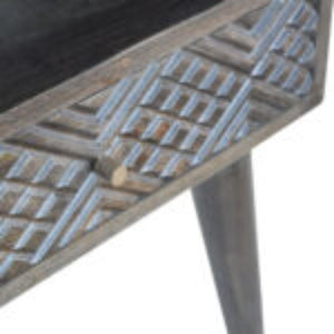 Carved Drawer Bedside Table | Solid Mango Wood | Ash Black Finish | Compact Storage