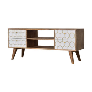 Cassia Honeycomb Media Unit | Solid Mango Wood | Oak Finish | White Brass Inlay Drawers