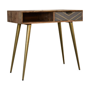 Cement Brass Cable Writing Desk | Solid Mango Wood | Grey & Gold Finish | 1 Drawer & Open Shelf