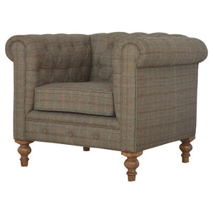 Chesterfield Armchair | Multi Tweed Fabric | Solid Mango Wood Legs | Country Style Lounge Chair