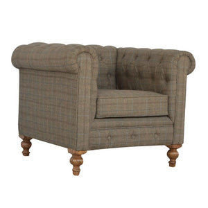 Chesterfield Armchair | Multi Tweed Fabric | Solid Mango Wood Legs | Country Style Lounge Chair