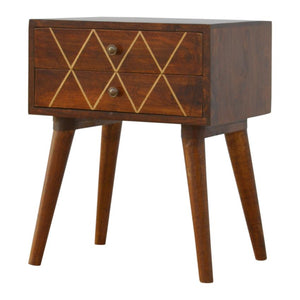 Chestnut Mango Wood Bedside Table | 2 Drawers | Geometric Brass Inlay