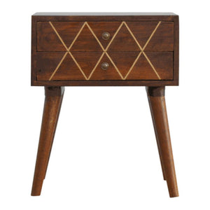 Chestnut Mango Wood Bedside Table | 2 Drawers | Geometric Brass Inlay