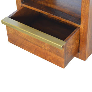 Chestnut Mango Wood Bedside Table | Gold Bar Drawer & Open Shelf