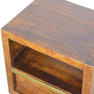 Chestnut Mango Wood Bedside Table | Gold Bar Drawer & Open Shelf