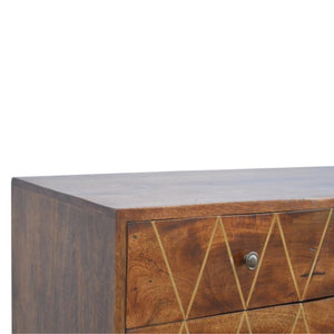 Chestnut Mango Wood Media Unit | 2 Brass Inlay Drawers | Open Shelves