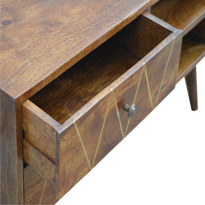 Chestnut Mango Wood Media Unit | 2 Brass Inlay Drawers | Open Shelves