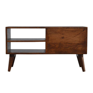 Chestnut Mango Wood Media Unit | 2 Brass Inlay Drawers | Open Shelves