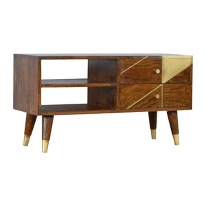 Chestnut Mango Wood Media Unit | Geometric Brass Inlay & Open Shelves