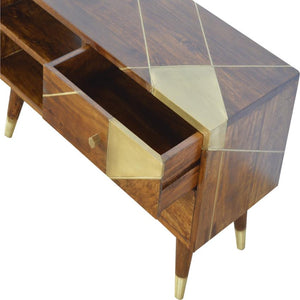 Chestnut Mango Wood Media Unit | Geometric Brass Inlay & Open Shelves