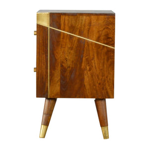 Solid Mango Wood Bedside Table | Chestnut Finish & Geometric Brass Inlay