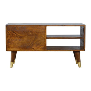 Chestnut Mango Wood Media Unit | Geometric Brass Inlay & Open Shelves