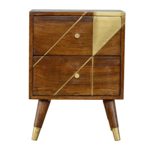 Solid Mango Wood Bedside Table | Chestnut Finish & Geometric Brass Inlay