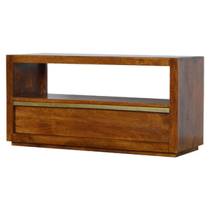 Chestnut Mango Wood TV Unit | Gold Bar Drawer & Open Shelf