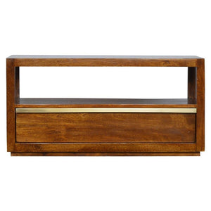 Chestnut Mango Wood TV Unit | Gold Bar Drawer & Open Shelf